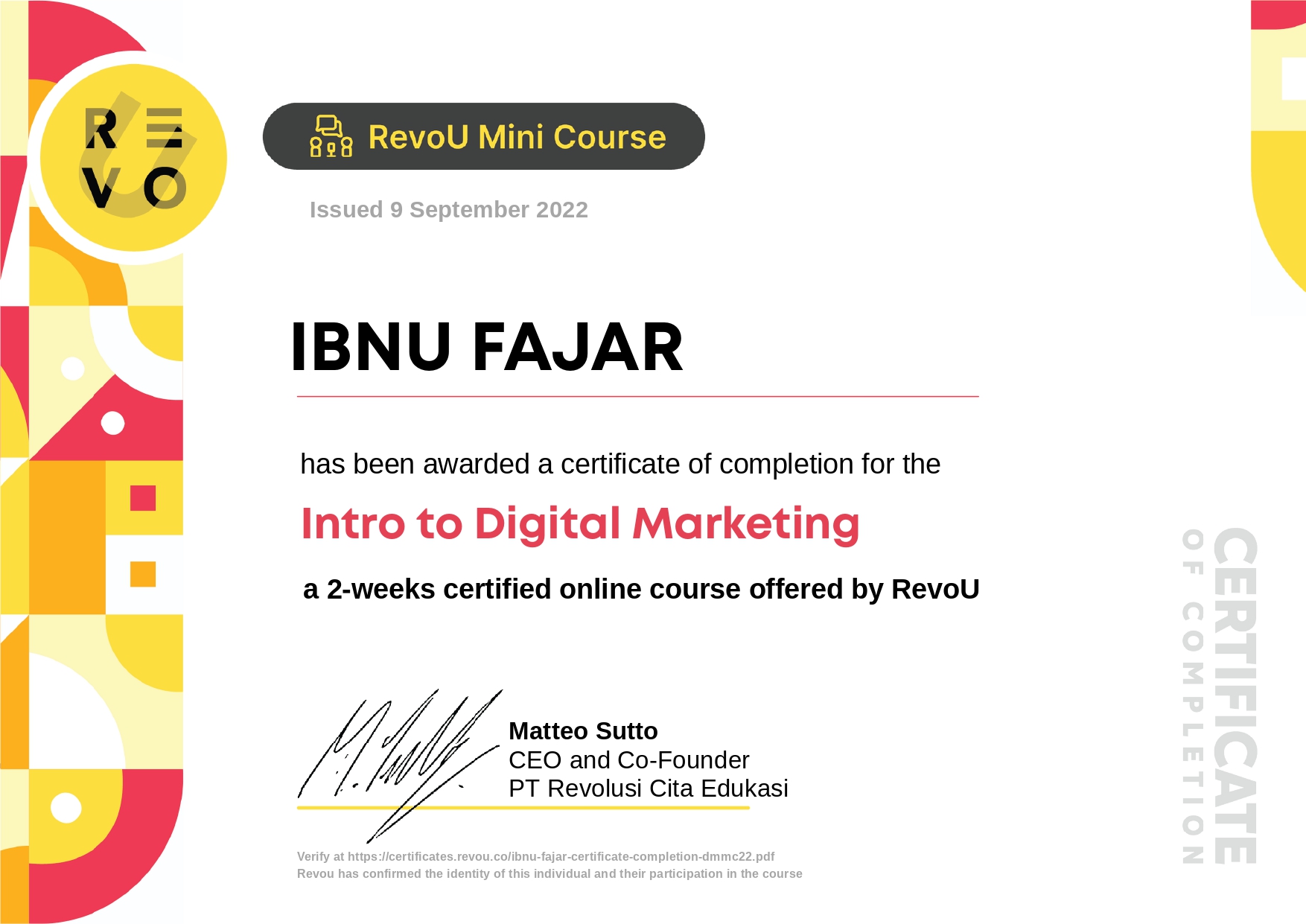 Sertifikat Revou Ibnu Fajar Digital Marketing